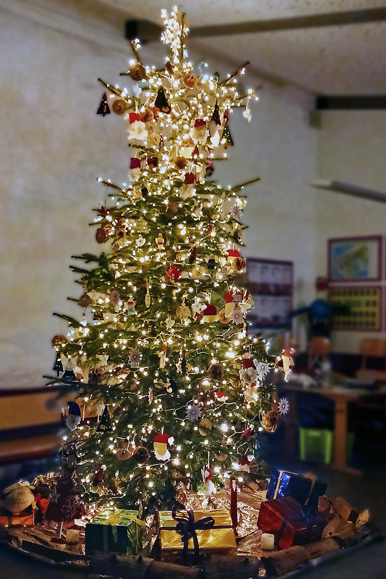 ein großer festlich geschmückter Tannenbaum von den Kindern, in der Weihnachtszeit der OGS Wasserfuhr