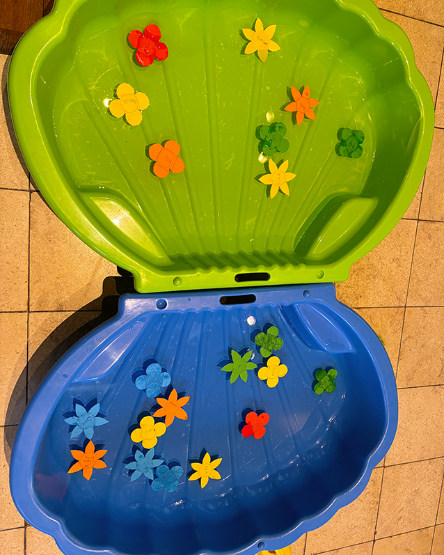 Mitgebracht aus der OGS Wasserfuhr kommen hier die Sand-/Wassermuschel zum Einsatz. Kleine, bunte selbstgebastelte Blumen werden in die Wassermuschel gelegt, um zu schauen wie sie aufblühen.